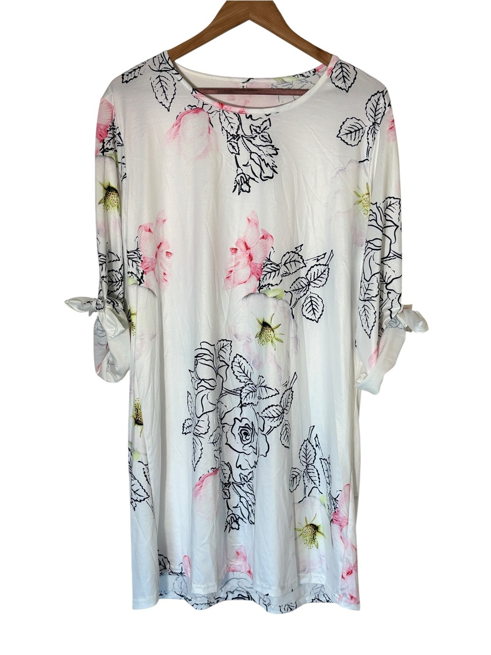 Floral Tie Sleeve Dress Women’s Large White Pink Casual Shift Dress